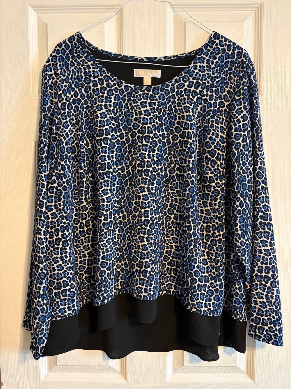 Michael Kors Blue Leopard Print Blouse Tunic Layered Sheer Hem 1X Plus Size